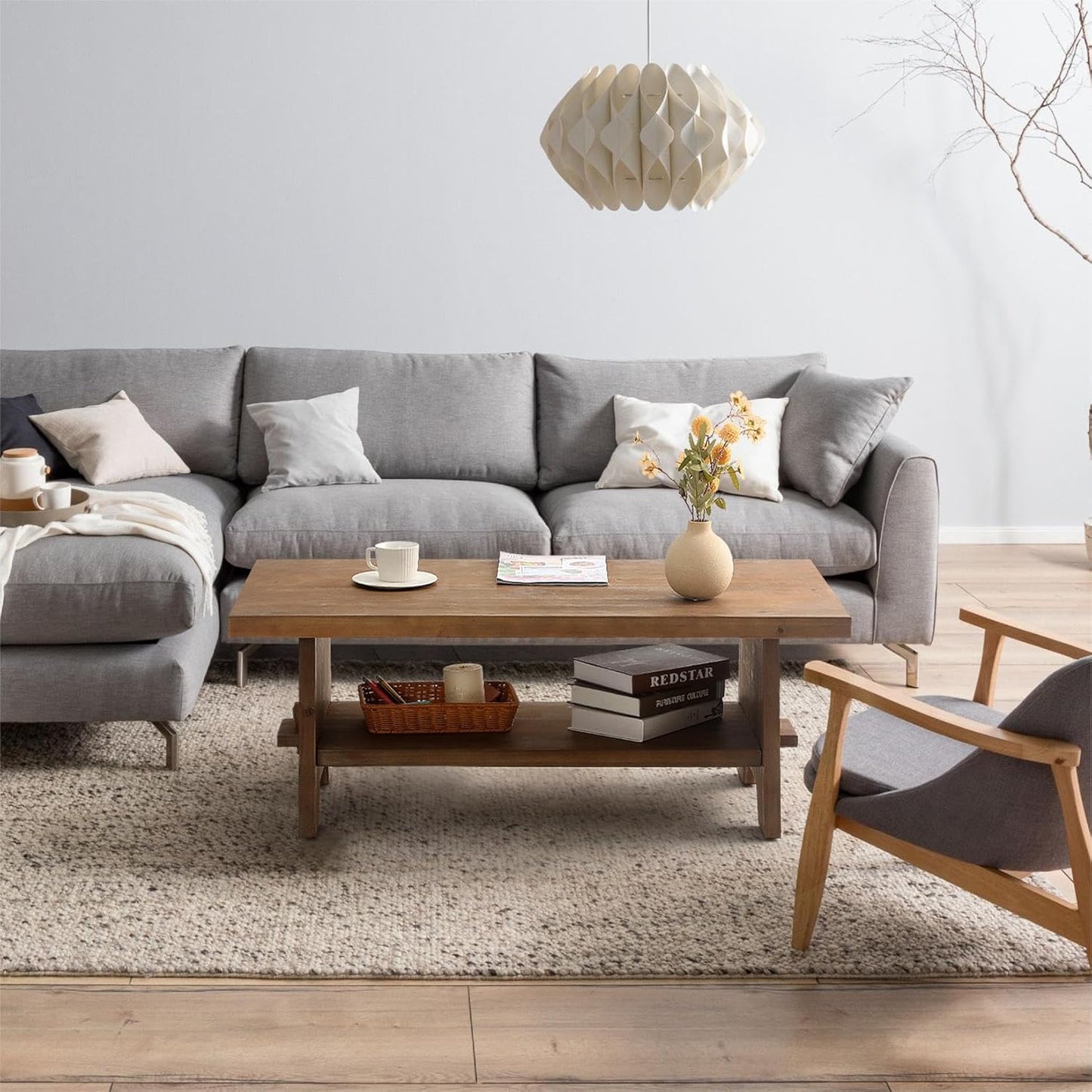 Farmhouse Wood Coffee Table - 43.4” Mid Century Modern Wooden Coffee Tables for Living Room, Solid Firwood Tabletop Rectangle Coffee Table, Center Table for Living Room, Brown