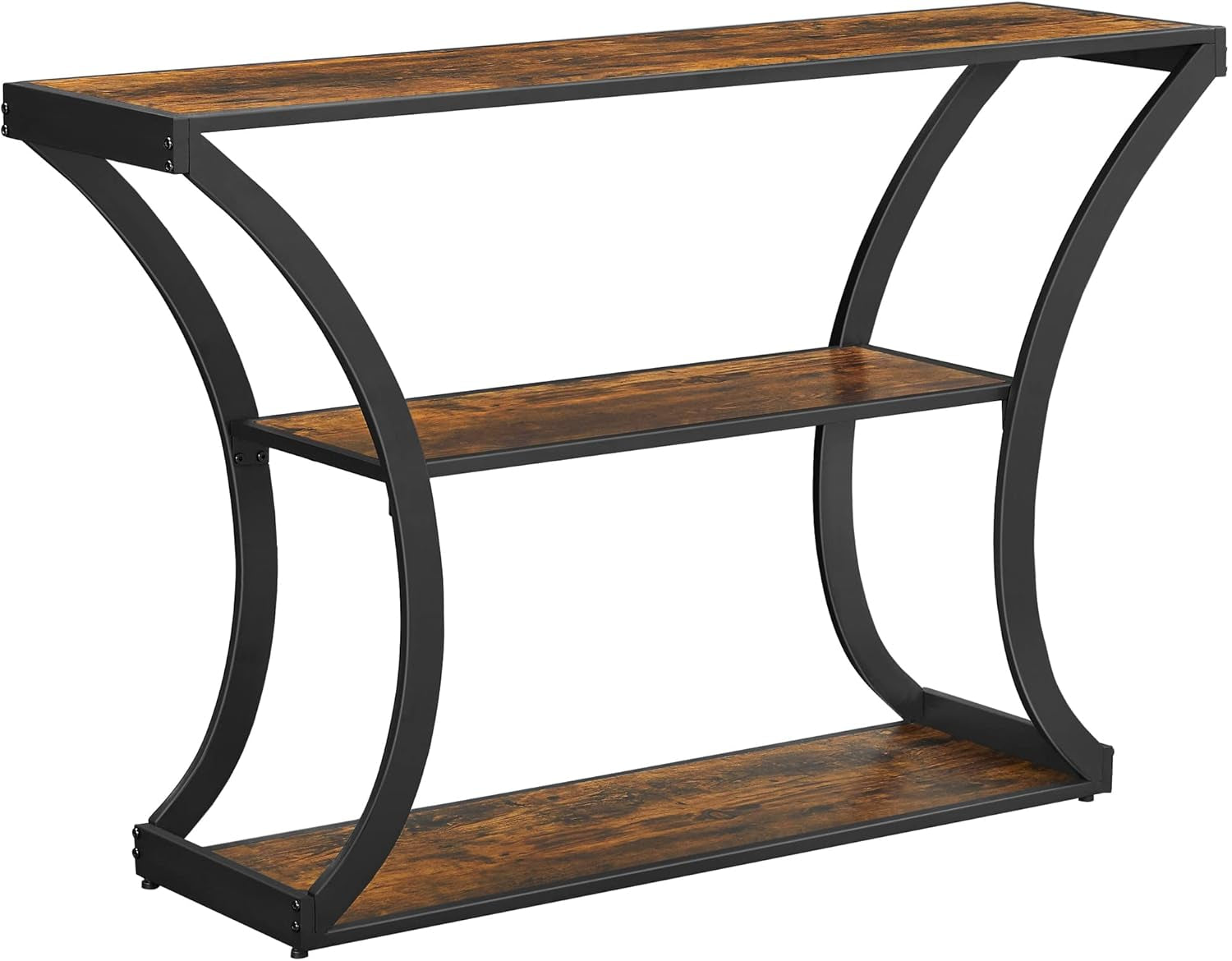 Console Table with Curved Frames and 2 Open Shelves, for Hallway Entryway Living Room, Rustic Brown + Black, 11.8 X 47.2 X 31.5 Inches