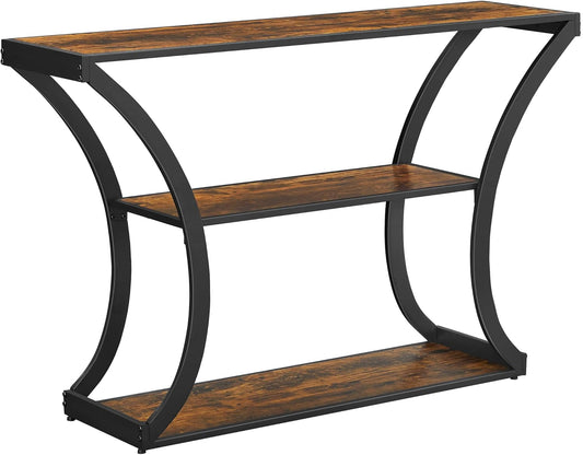 Console Table with Curved Frames and 2 Open Shelves, for Hallway Entryway Living Room, Rustic Brown + Black, 11.8 X 47.2 X 31.5 Inches