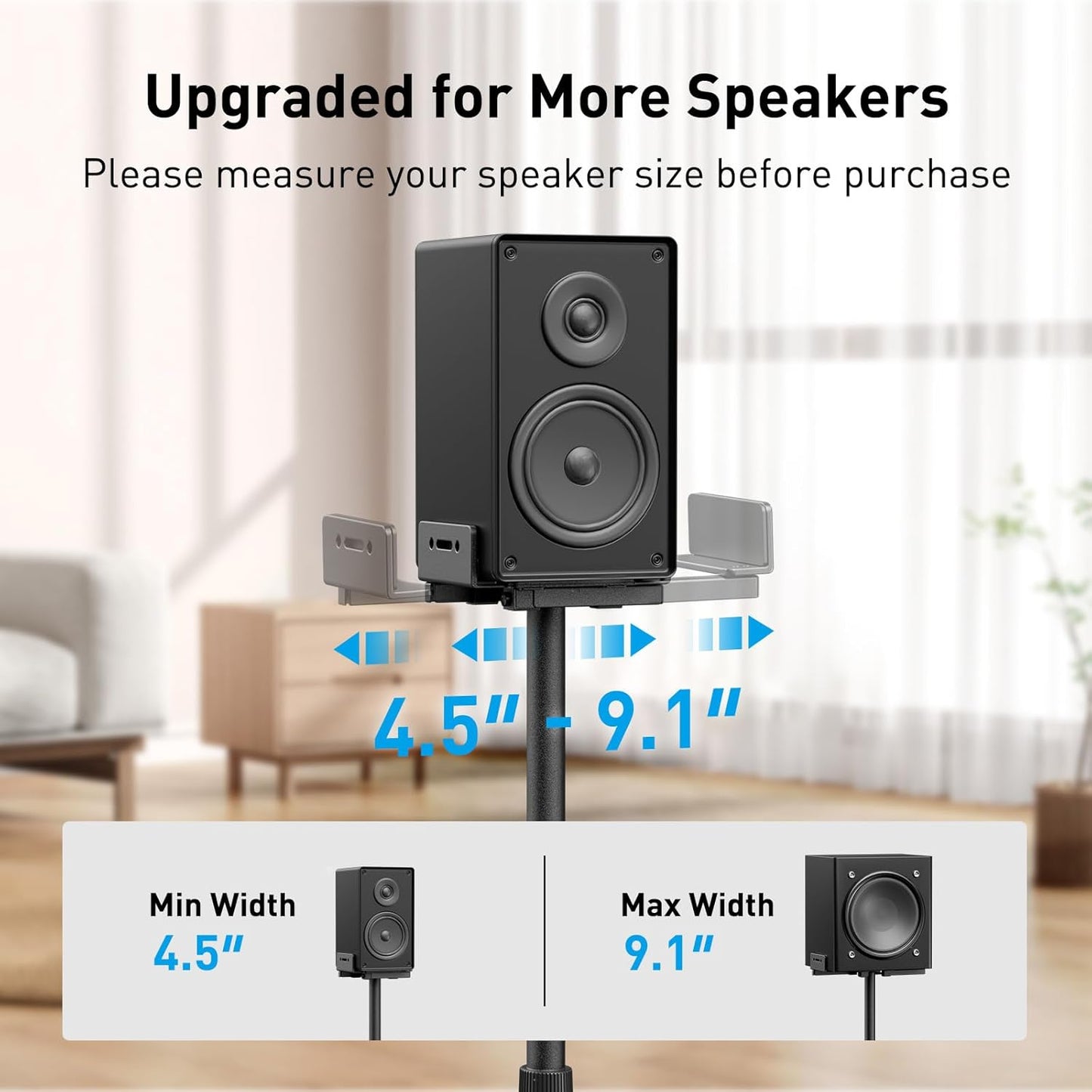 Universal Speaker Stands for Surround Sound -Height Adjustable Extend 33.3”To 45.1”, Floor Speaker Stand for Satellite & Studio & Bookshelf Speakers up to 11LBS,1 Pair Black, PSSS2