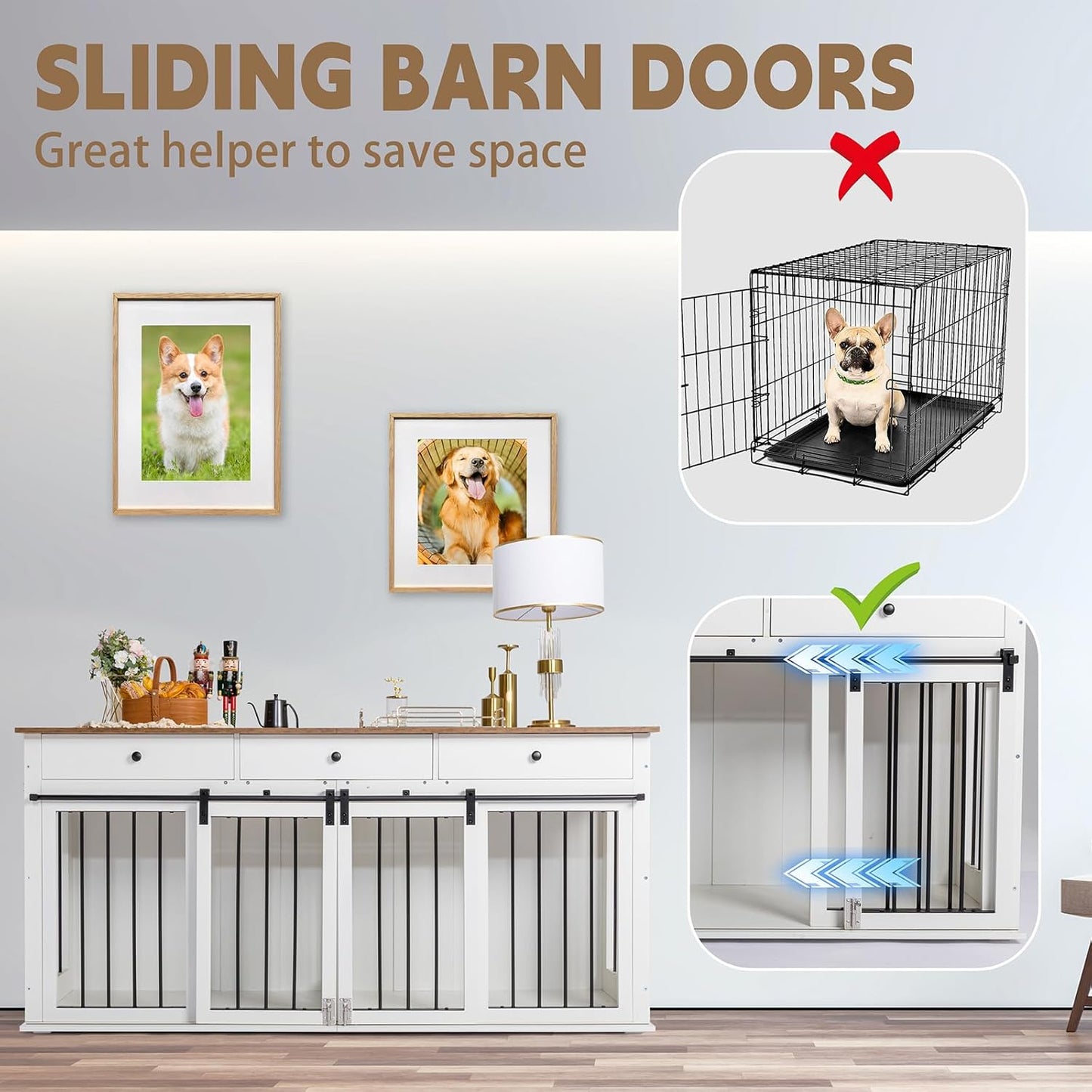 Dog Crate Furniture Large Breed Wooden Dog Kennel with Room Divider & 3 Drawer,Double Doors Heavy Duty Dog Crate End Table Indoor TV Stand for Small Medium Large Dog Black,72''W*24''D*35''H