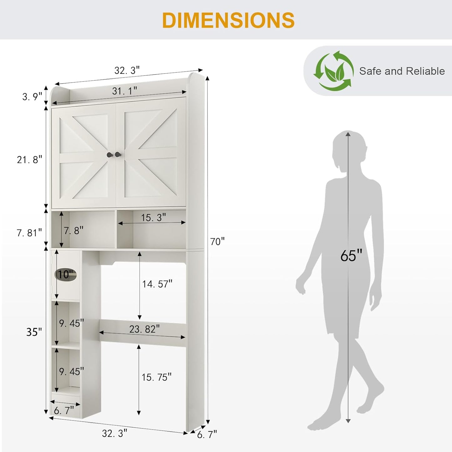 Over the Toilet Storage Cabinet with Farmhouse Barn Doors and Adjustable Shelves, Freestanding Bathroom Organizer with Toilet Paper Holder, Wood Space Saver for Small Restroom & Laundry Room, White
