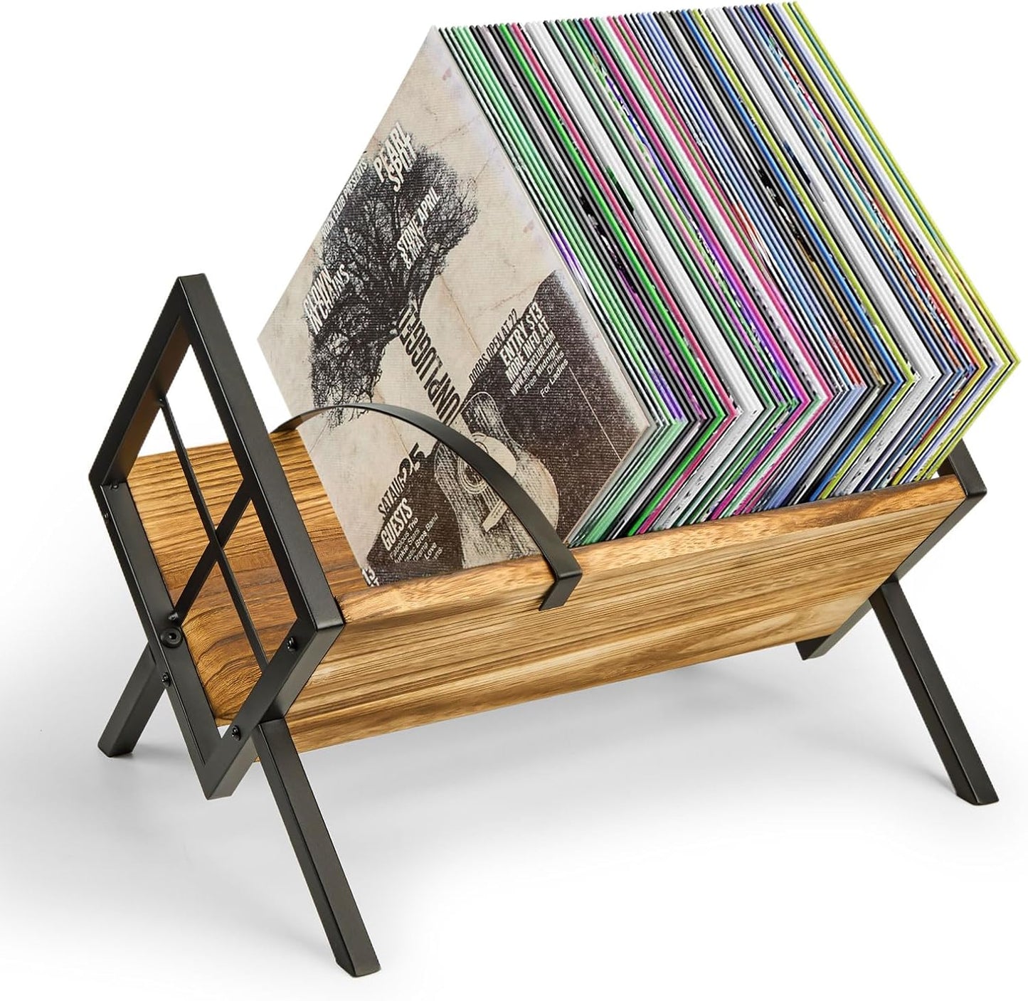 Vinyl Record Holder,Wooden and Heavy-Duty Steel Vinyl Record Storage Rack for 80-100 Lp,Albums,Magazine, Book, Files.Retro Style Record Display (Fire-Burnt Retro)