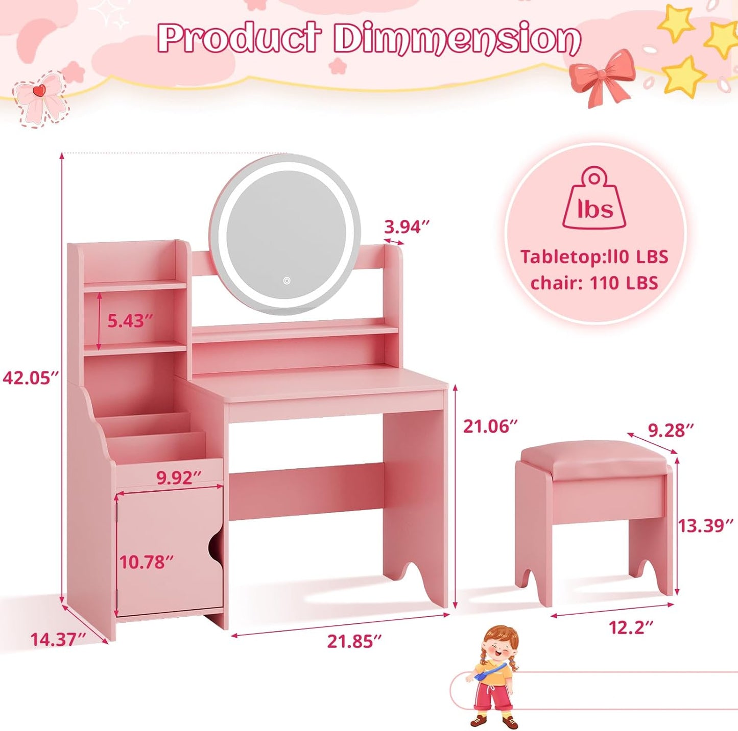 Kids Vanity with Lights, Princess Makeup Vanity Desk with Open Bookshelf, Storage Cabinet & Shelves, Toddler Vanity Table and Chair Set, Pretend Play Vanity Set for Little Girls, Pink