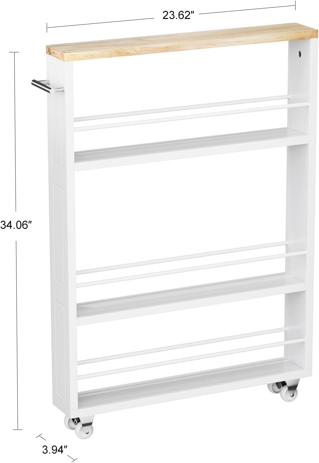 4 Tier White Slim Storage Cart with Handle, Slide Out Storage Rolling Utility Cart for Kitchen, Laundry, Narrow Places