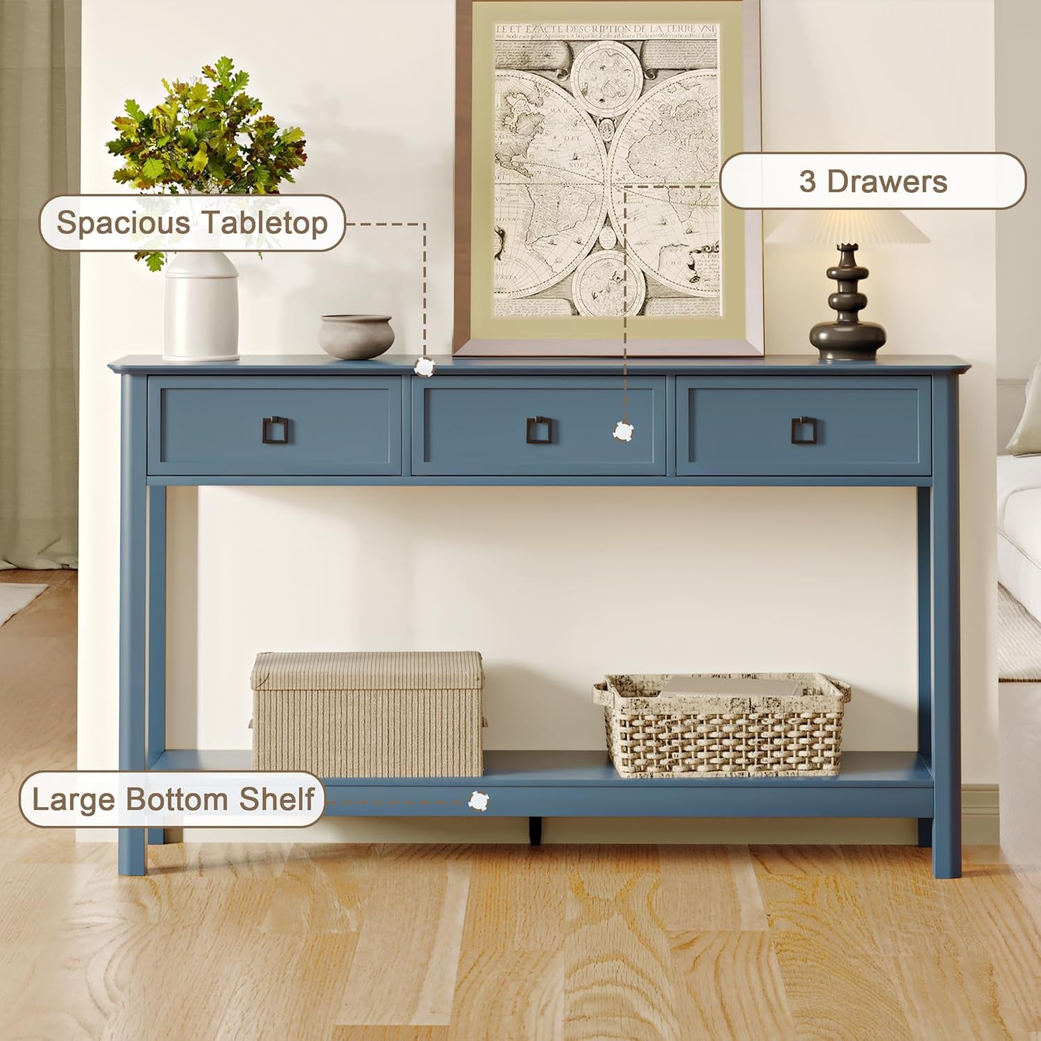 53.1" Console Table with 3 Drawers, Modern Entryway Table, 2-Tier Narrow Long Sofa Table behind Couch Table for Living Room, Hallway, Blue