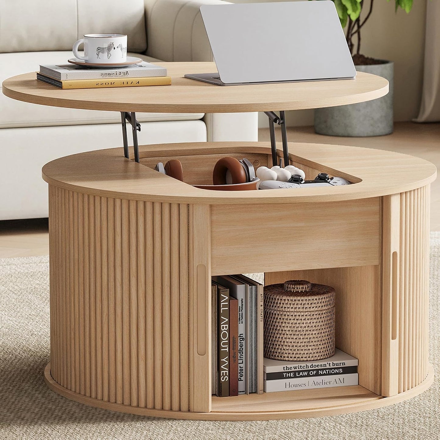 Lift Top Coffee Table, round Fluted Coffee Table with Storage, Boho Wooden Coffee Tables with Sliding Tambour Door, 31.5" Center Table for Living Room, Office, Small Space, Natural Oak