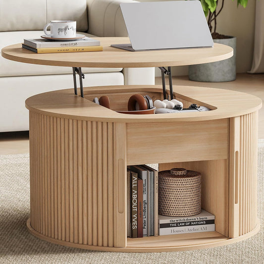 Lift Top Coffee Table, round Fluted Coffee Table with Storage, Boho Wooden Coffee Tables with Sliding Tambour Door, 31.5" Center Table for Living Room, Office, Small Space, Natural Oak