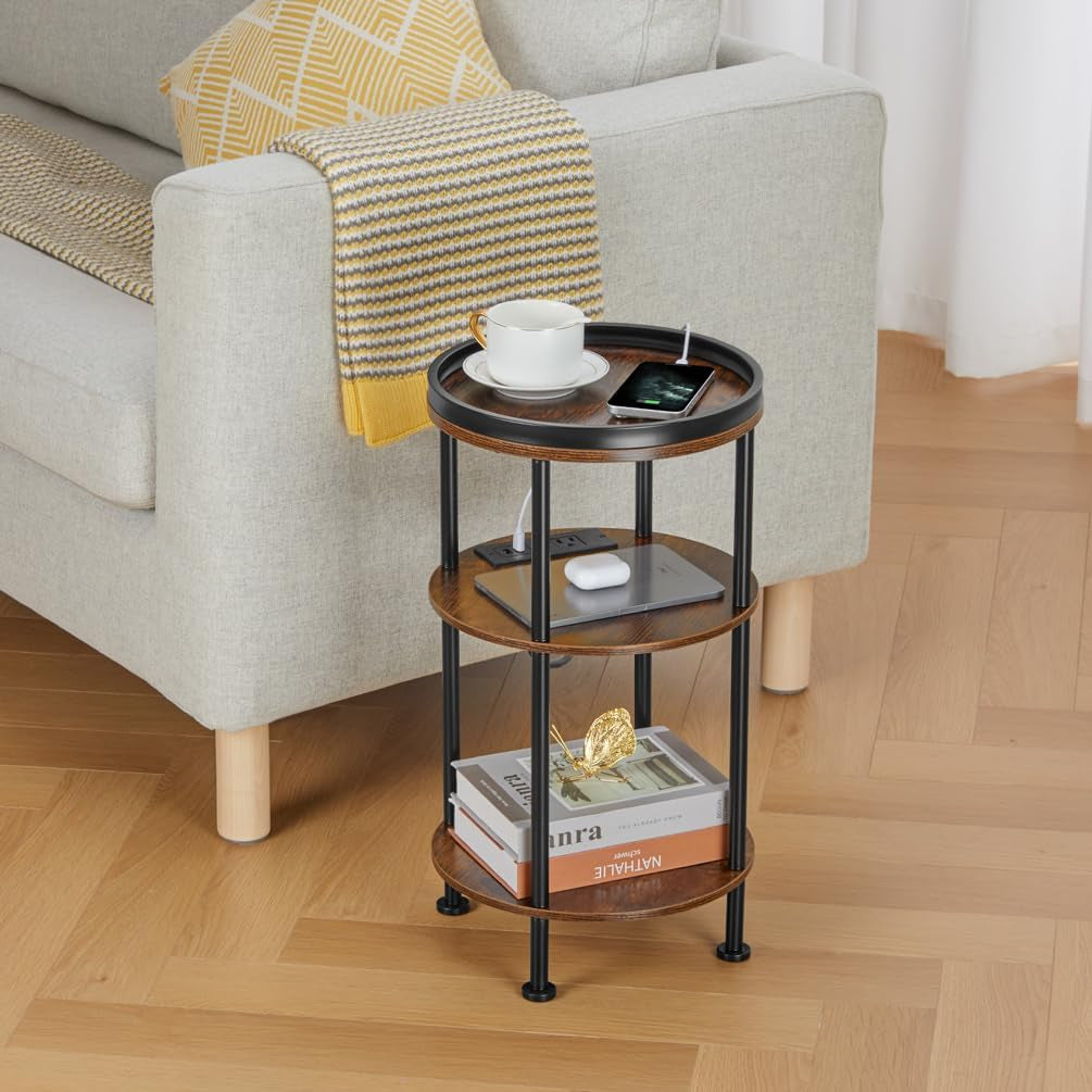 Small round Side Table with Charging Station for Small Spaces, 3-Tier round Accent Table with USB Ports & Power Outlets, Corner Table Sofa End Table for Living Room Bedroom (USB Charger, Rustic Brown)