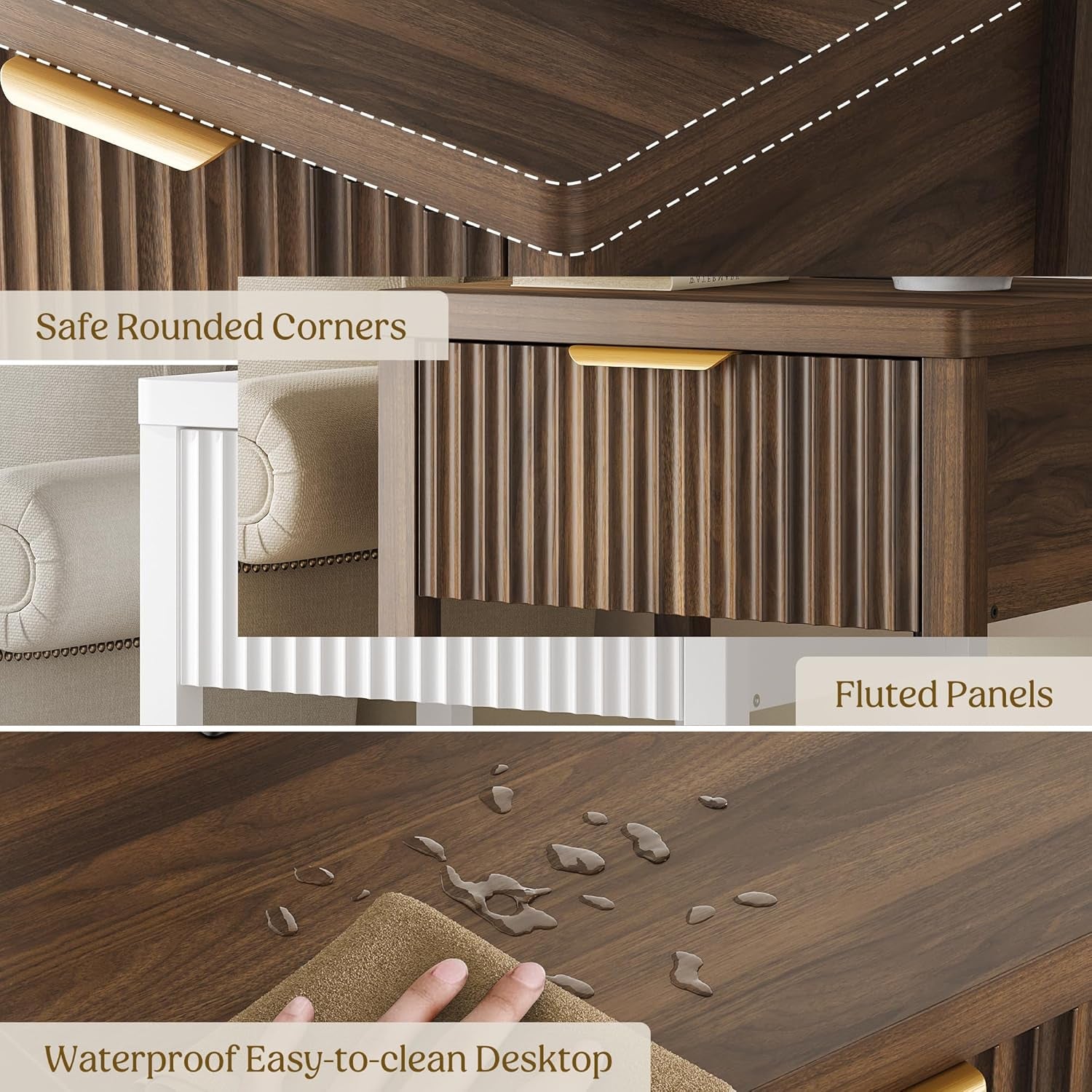 Night Stand Set 2, Fluted Nightstand with Charging Station, Wood Modern Bedside End Table with Storage Drawer for Bedroom, save Space (Set of 2, Walnut)