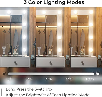 Makeup vanity desk with mirror, twelve LED lights, nine drawers and power outlet, view 3