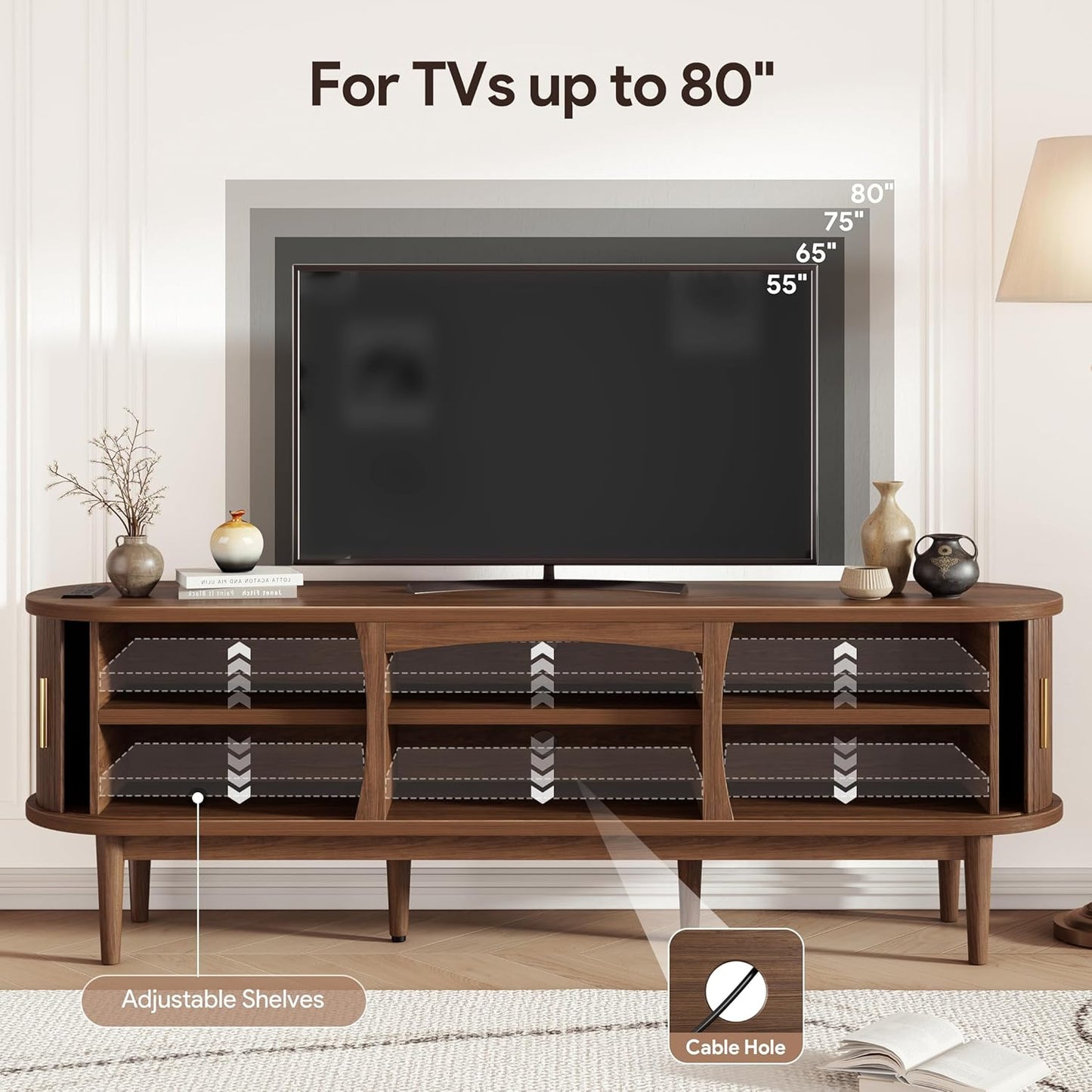 Mid Century TV Stand for Tvs up to 80 Inches, Entertainment Center with Storage, Power Outlet, Fluted Sliding Doors & Adjustable Shelves, Modern Media TV Console Table for Living Room (Walnut)