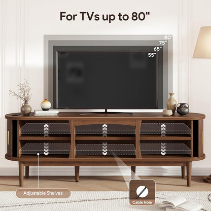 Mid Century TV Stand for Tvs up to 80 Inches, Entertainment Center with Storage, Power Outlet, Fluted Sliding Doors & Adjustable Shelves, Modern Media TV Console Table for Living Room (Walnut)