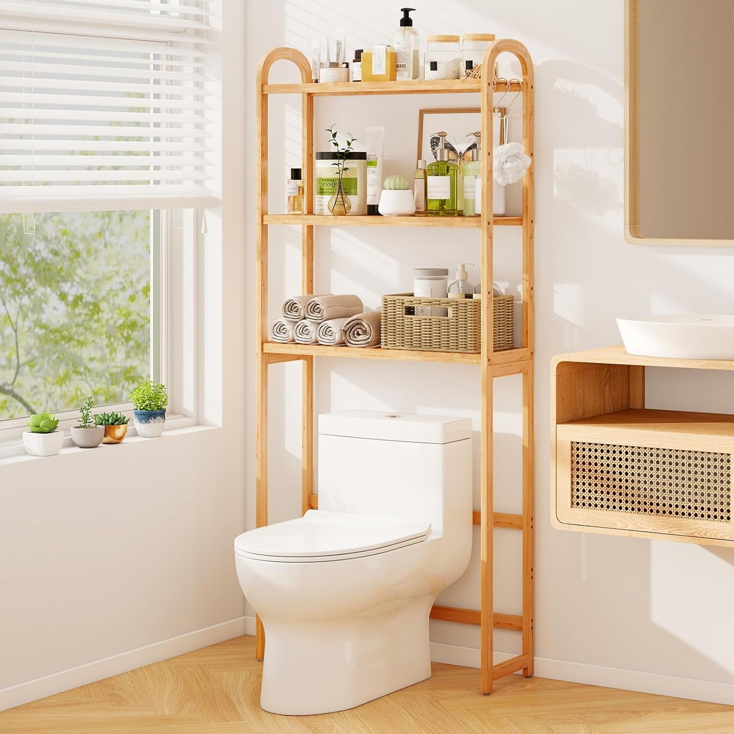over the Toilet Storage Cabinet, 3-Tier Bamboo Bathroom Shelves over Toilet W/3 Hooks, Adjustable Shelves & Waterproof Feet Pad, over Toilet Bathroom Organizer for Laundry, Balcony, Restroom
