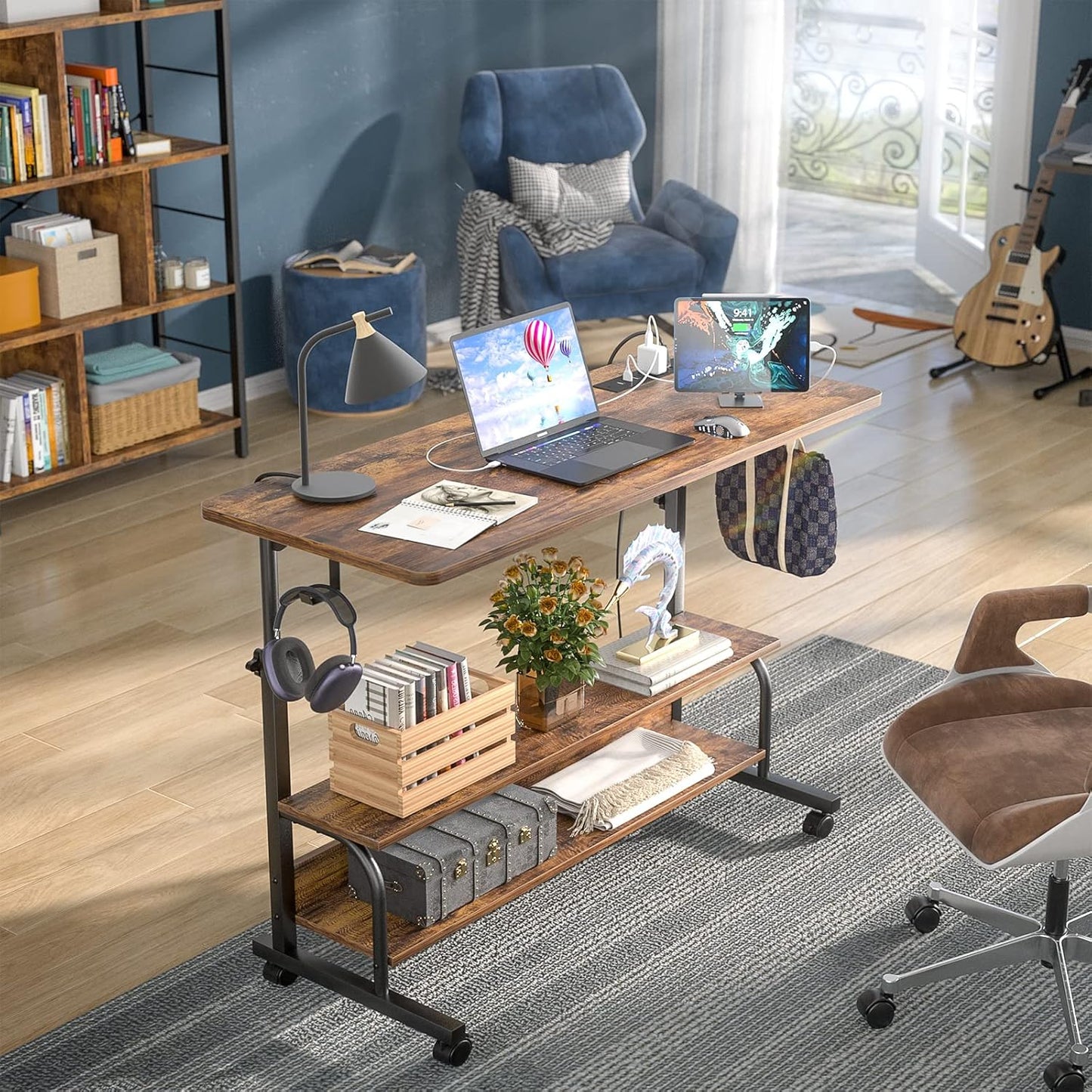 Height Adjustable Standing Desk with Power Outlets, 39" Manual Stand up Desk with Storage Shelves Small Mobile Rolling Computer Desk Portable Laptop Table with Wheels for Home Office, Rustic