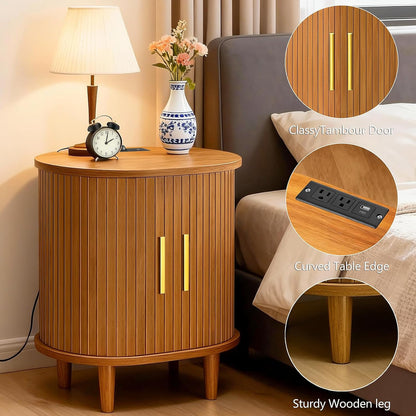 Mid Century Modern Nightstand with Charging Station, Fluted Accent Side Table with Sliding Door & Adjustable Shelf, End Table for Small Space, Living Room, Bedroom,Sofa Couch(1, Yellow)
