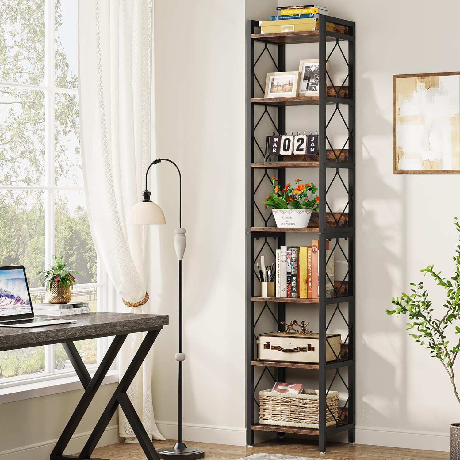78.7 Inch Extra Tall Narrow Bookshelf, 7 Tier Skinny Bookcase for Small Spaces, Freestanding Display Shelves, Multifunctional Corner Storage Organizer for Home Office, Rustic Brown