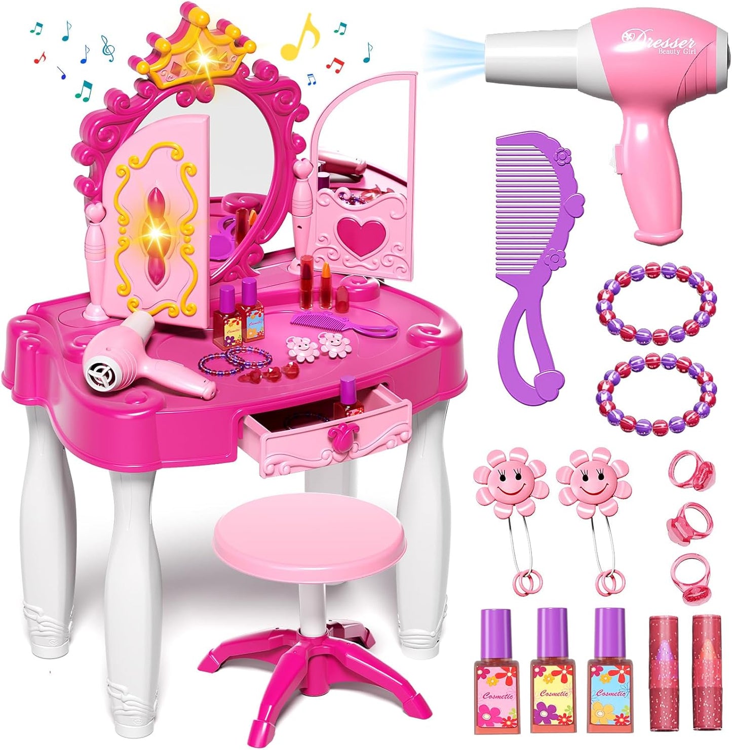 Toddler Makeup Table with Mirror and Chair, Kids Makeup Vanity Set with Accessories and Lights and Music Sound for Girls, Toddlers 3-5 Years Old