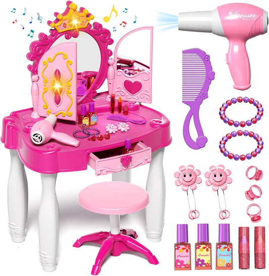 Toddler Makeup Table with Mirror and Chair, Kids Makeup Vanity Set with Accessories and Lights and Music Sound for Girls, Toddlers 3-5 Years Old