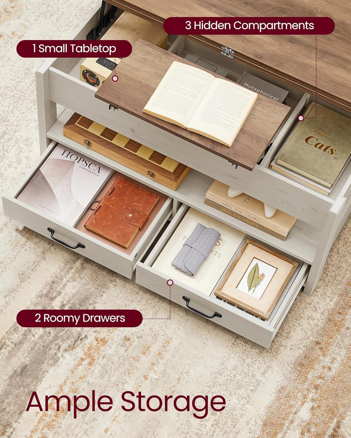 Coffee Table Lift Top, 3 in 1 Center Table with Storage, Gas Spring, 2 Drawers and 3 Hidden Compartments, Open Shelf, for Living Room, Home Office, Honey Brown and Rustic White ULCT254W01