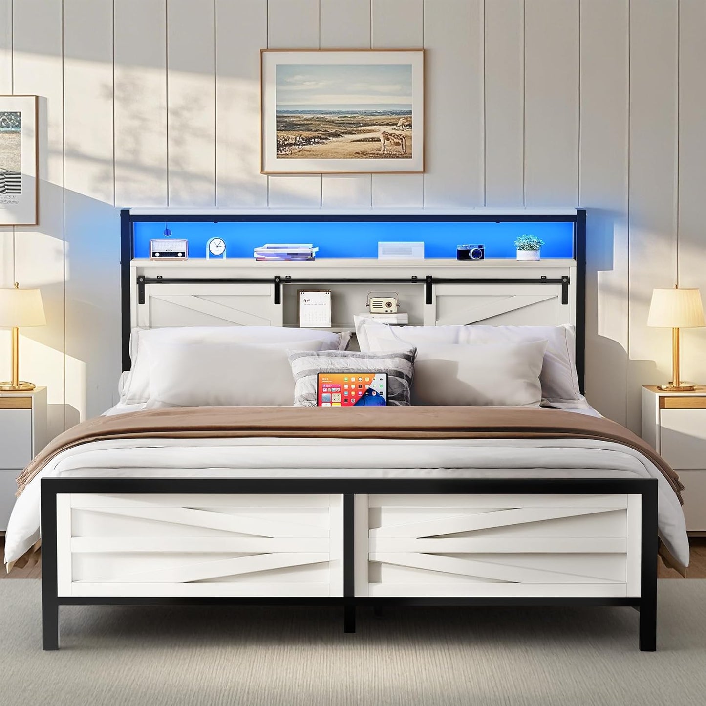 Farmhouse Bed Frame with Storage Headboard Queen Size, Platform Bed Frame with LED Lights and Charging Station, Sliding Barn Door, Solid Metal Slats, No Box Spring Needed (White)
