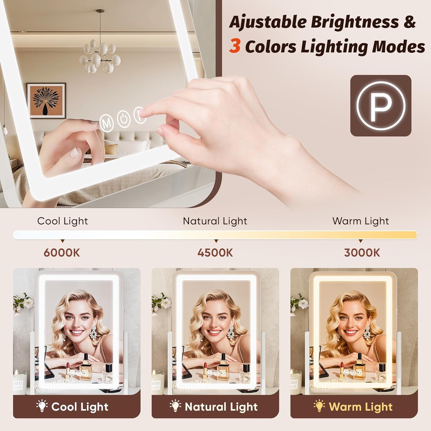 Vanity Mirror with Lights, 18"X13" Hollywood Lighted Makeup Mirror for Tabletop & Bedroom 3 Color Lighting Modes Smart Touch Control 360° Rotation Detachable