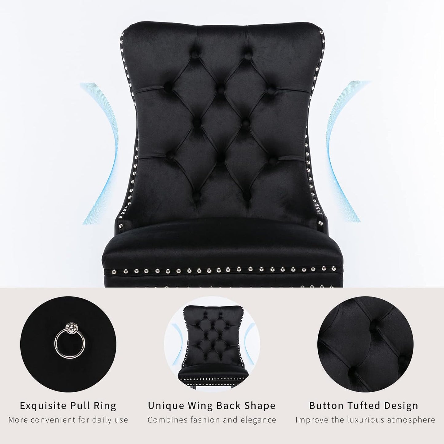 Black Velvet Dining Chairs Set of 4, Kitchen & Dining Room Chairs, Four Fabric Tufted Dinning Chairs, Velvet Upholstered, Wing Back, Metal Pull Ring, Wood Frame, Mid Century Modern