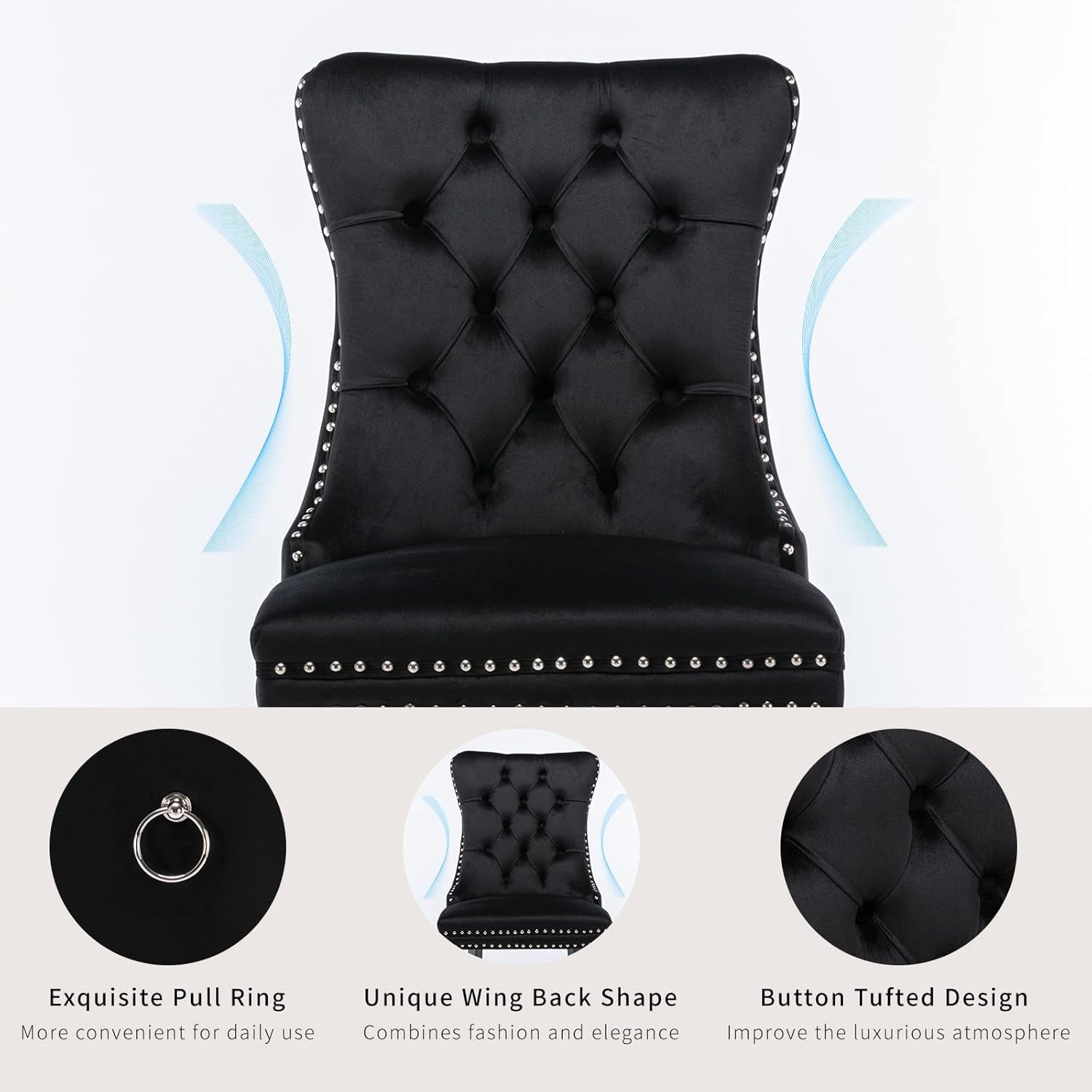 Black Velvet Dining Chairs Set of 4, Kitchen & Dining Room Chairs, Four Fabric Tufted Dinning Chairs, Velvet Upholstered, Wing Back, Metal Pull Ring, Wood Frame, Mid Century Modern