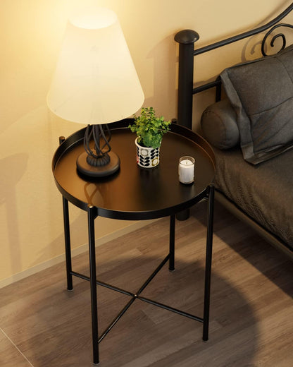 Small Side End Table - Metal Side Table Waterproof Small Sofa Coffee Side Tables Bedroom Indoor Outdoor with Removable Tray for Living Room Bedroom Balcony and Office