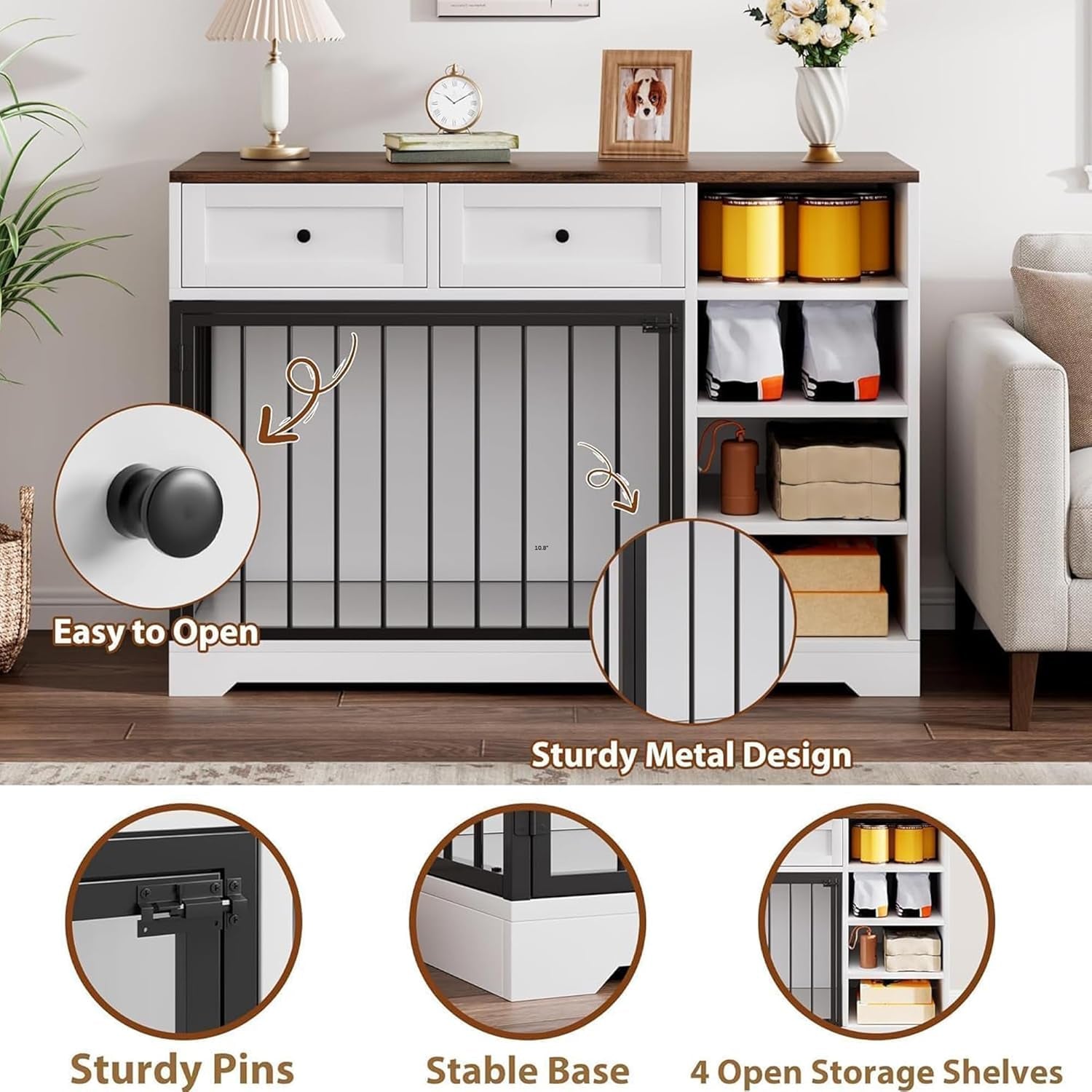 47" Dog Crate Furniture, Wooden Dog Kennel with Drawers and Shelves, Large Dogs Crate Furniture TV Stand, Indoor Pet Cage for Large Medium Dogs