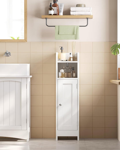 Small Storage Corner Floor Cabinet with Door, 7.9 X 7.1 X 31.5 Inches, Narrow Toilet Paper Storage Holder, Adjustable Shelves, for Bathroom, Living Room, Small Spaces, Cloud White UBBC310W01