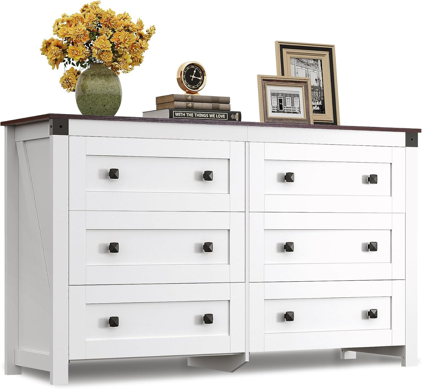 Farmhouse 6 Drawer Dresser for Bedroom, 53.07'' Wide Wood Dresser, White Dressers Storage Organizer with Double Rustic Handle, TV Stand for 60 Inch TV, Chest of Drawers for Living Room, Hallway