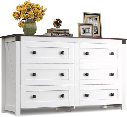 Farmhouse 6 Drawer Dresser for Bedroom, 53.07'' Wide Wood Dresser, White Dressers Storage Organizer with Double Rustic Handle, TV Stand for 60 Inch TV, Chest of Drawers for Living Room, Hallway