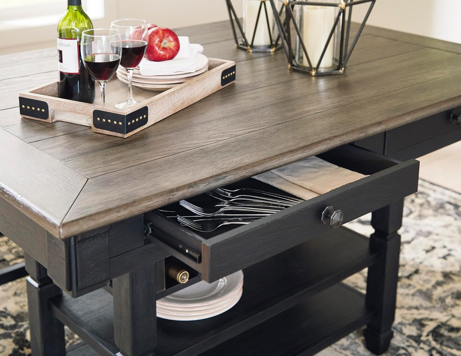 Tyler Creek Farmhouse 36"Counter Height Dining Table with Wine Rack, Amost Black