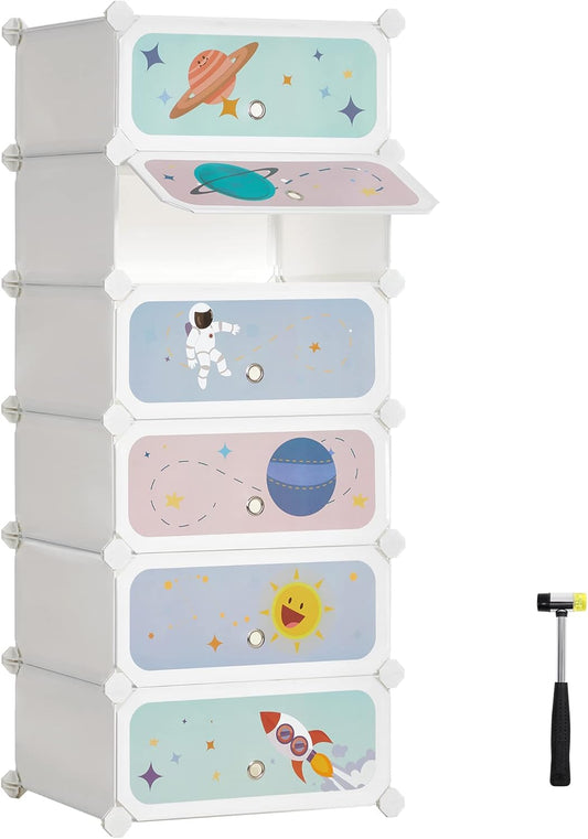 Kids' Shoe Rack with Doors, 6-Slot Stackable Storage Organizer, Plastic Wardrobe, Toys, Books, Clothes, 12.2 X 16.9 X 41.3 Inches, Cloud White ULPC904W01