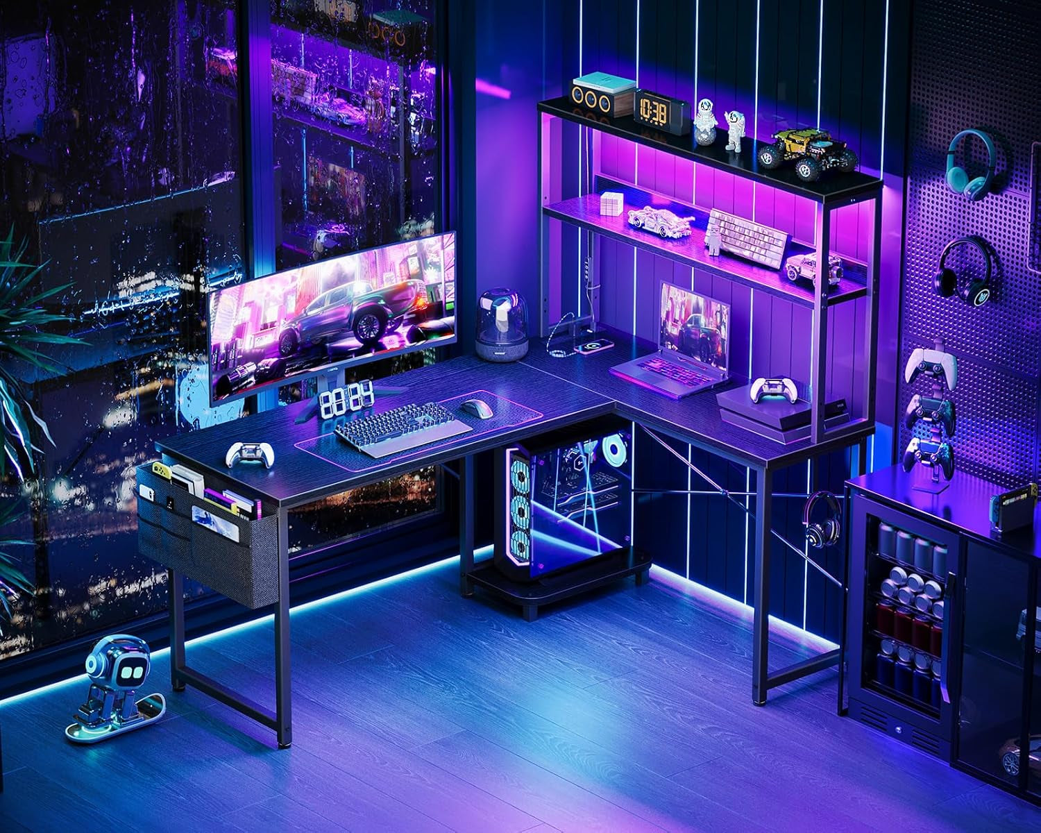 L Shaped Desk Gaming Desk with LED Light & Power Outlet, 53 Inch Reversible L Shaped Computer Table with Shelf & Storage Bag & Hook for Home Office, Black