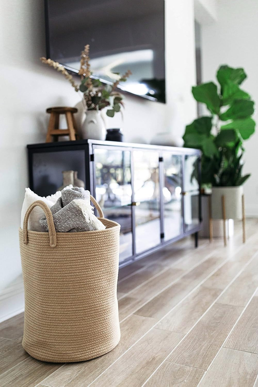 Large Woven Laundry Basket W/Handles 52L, Rope Dirty Clothes Hamper, Blanket Basket for Living Room, Baby Laundry Hamper for Nursery, Soft & Durable Decorative Organizer Bin - Honey