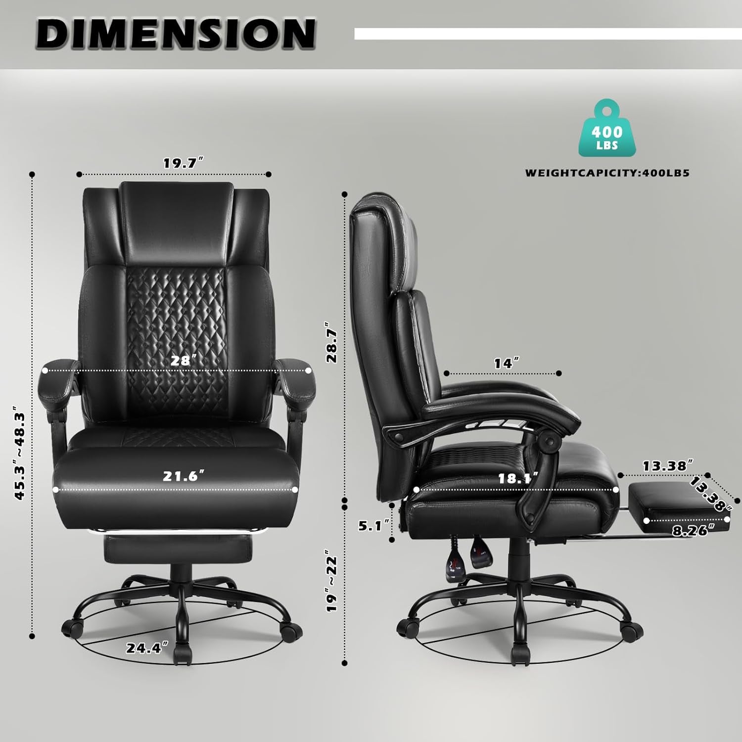 400Lbs Executive Office Chair with Foot Rest, Heavy Duty Big and Tall Desk Chair, Ergonomic High Back PU Leather Computer Chairs (Black)