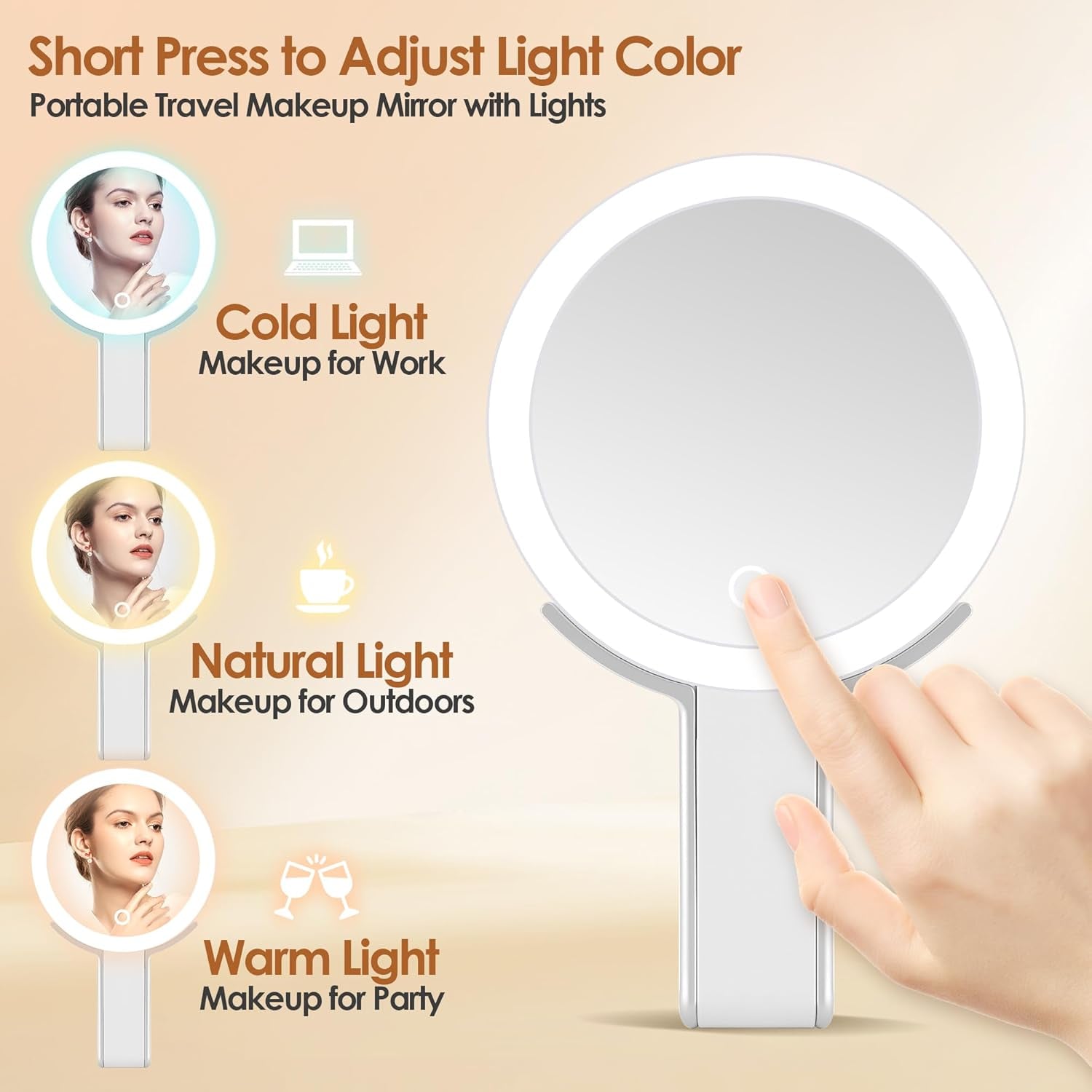 Magnifying Mirror with Light, Double Sided 30X/1X Lighted Travel Makeup Mirror with Magnification, 3 Color Lighting, Dimmable Touch Screen, Adjustable & Foldable Hand Mirror (White)