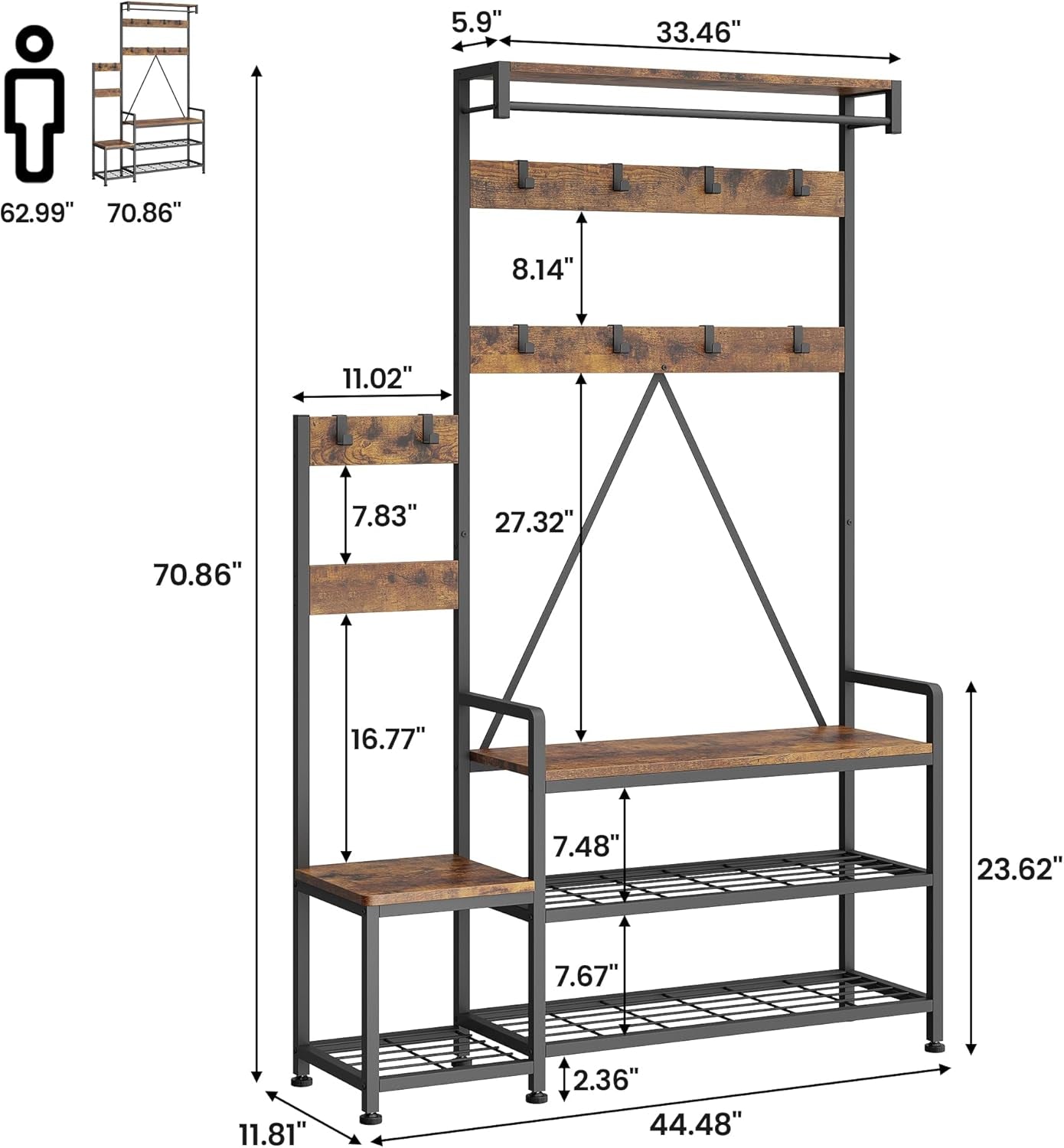 Hall Tree with Bench and Shoe Storage Parent-Child Coat Rack Shoe Bench Industrial Coat Tree Entryway Large Organizer with Shoe Rack, Storage Cubbies, Hooks, and Top Shelf