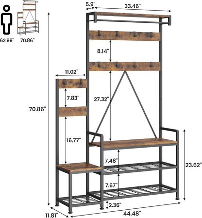 Hall Tree with Bench and Shoe Storage Parent-Child Coat Rack Shoe Bench Industrial Coat Tree Entryway Large Organizer with Shoe Rack, Storage Cubbies, Hooks, and Top Shelf