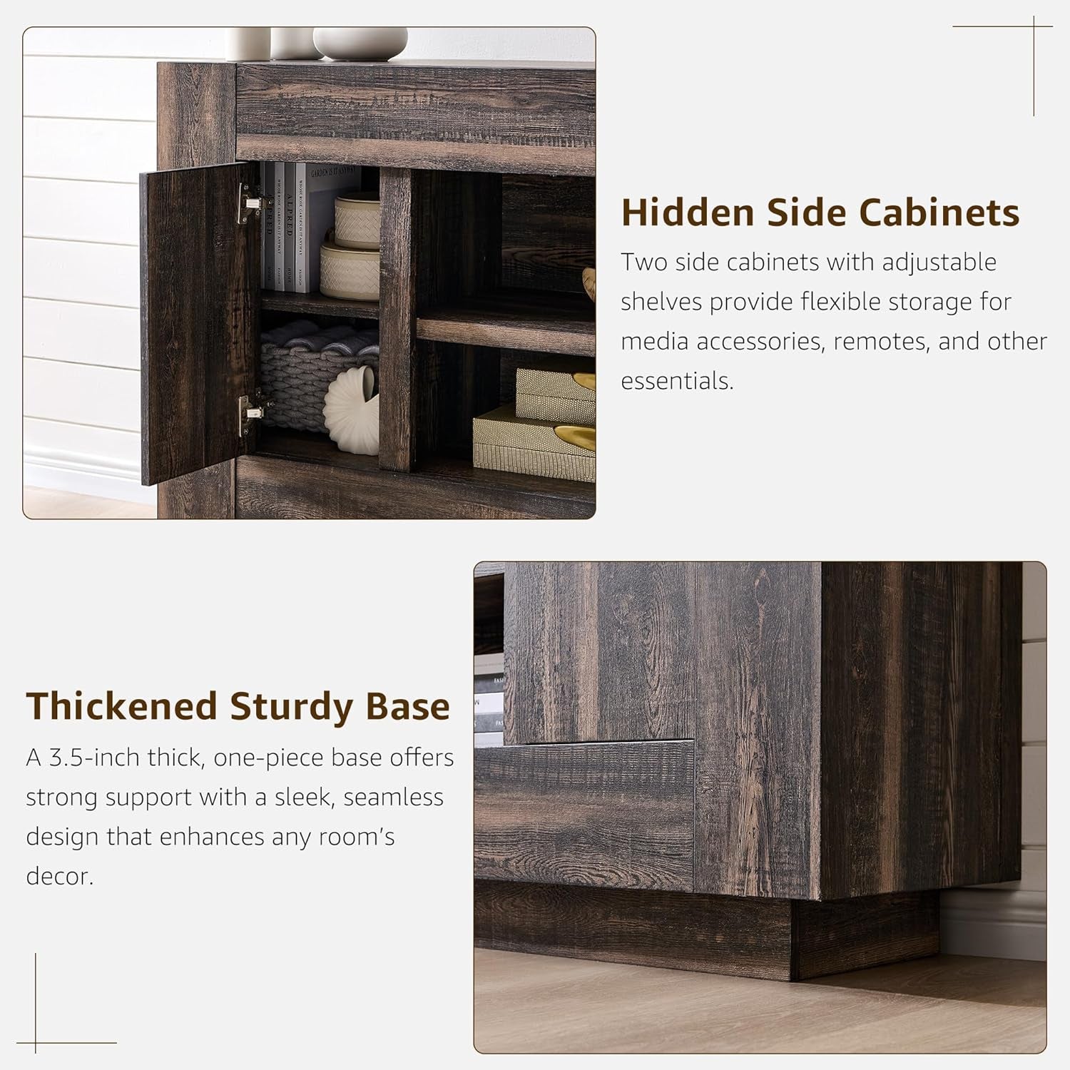 Modern 70" TV Stand, Entertainment Center for Tvs up to 80", Media Console with Large Open Storage & Side Cabinets, Thick Wood Design for Living Room, Dark Rustic Oak