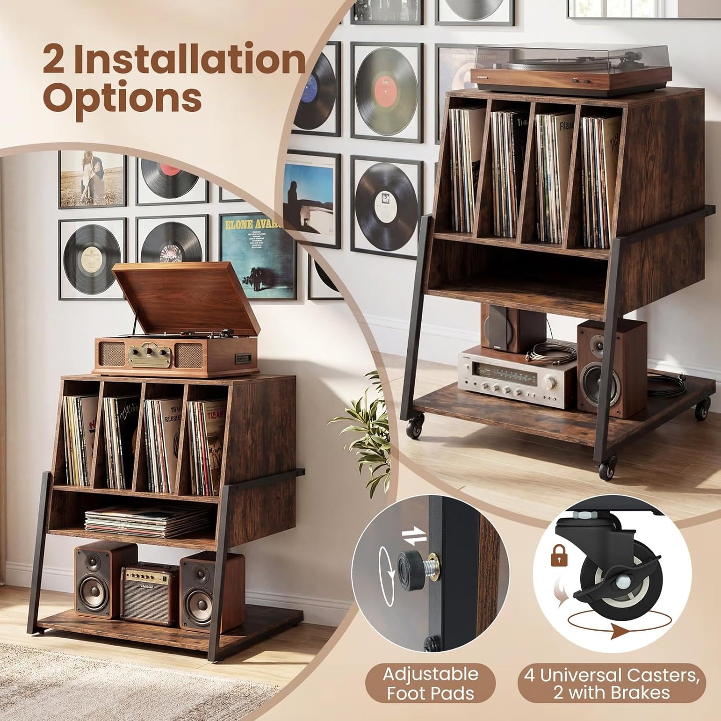 Record Player Stand on Wheels, 3-Tier Turntable Stand with Charging Station, Compartment & Open Shelf, Holds up to 150 Vinyl Records, Modern Vinyl Record Storage for Small Spaces, Rustic Brown
