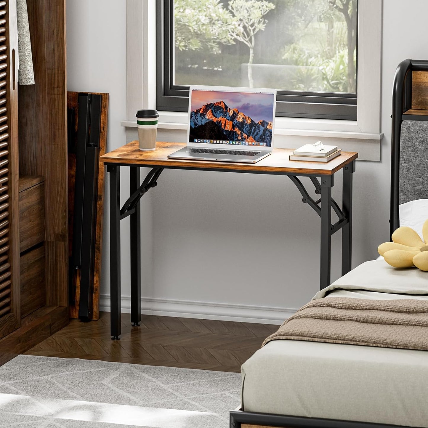 Small Computer Desk Folding Table - 35.8" Foldable Office Desk, No Assembly, Perfect for Small Spaces in Bedroom, Dorm, or Apartment, Portable Mini Desk or Study Table with Compact Design, Brown
