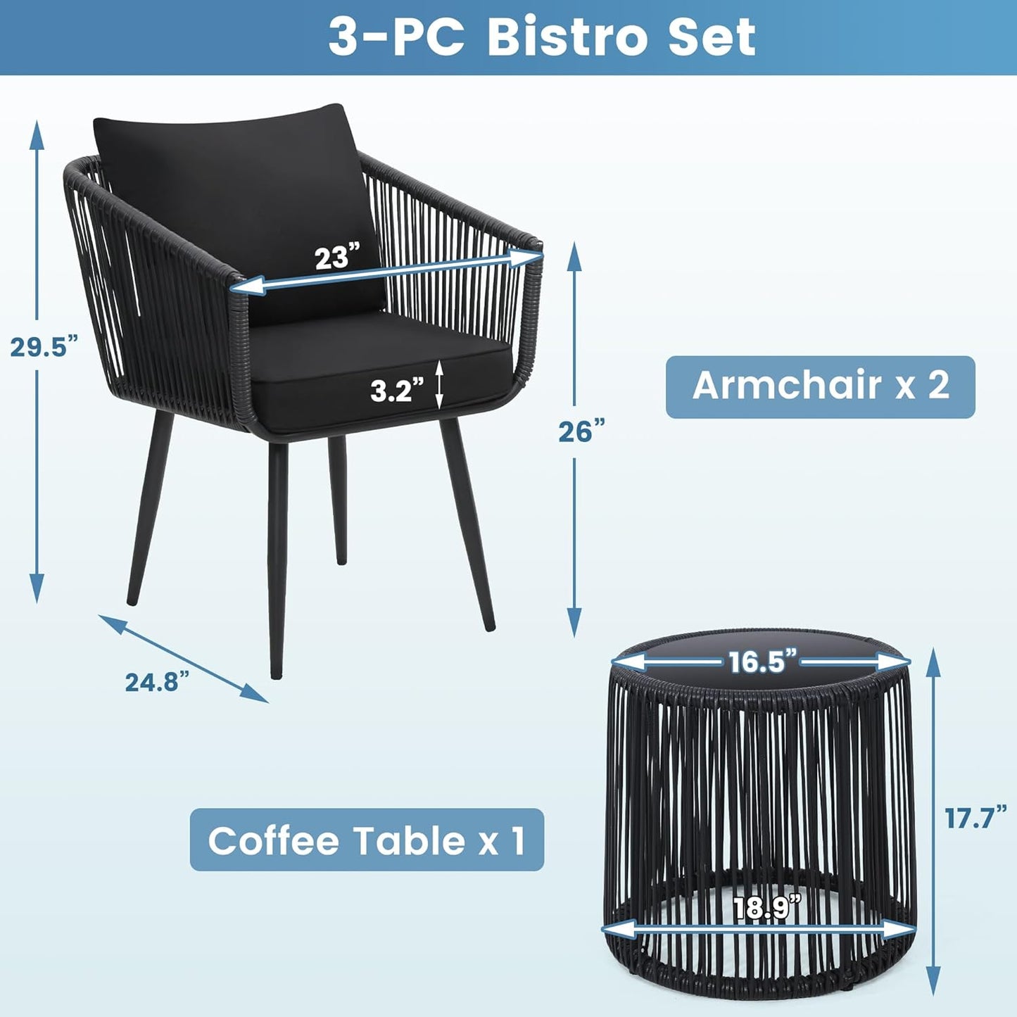 3 Pieces Patio Rattan Bistro Conversation Set, Outdoor All-Weather Wicker Furniture Chairs and Side Table Set Ideal for Balcony, Porch and Backyard, Black
