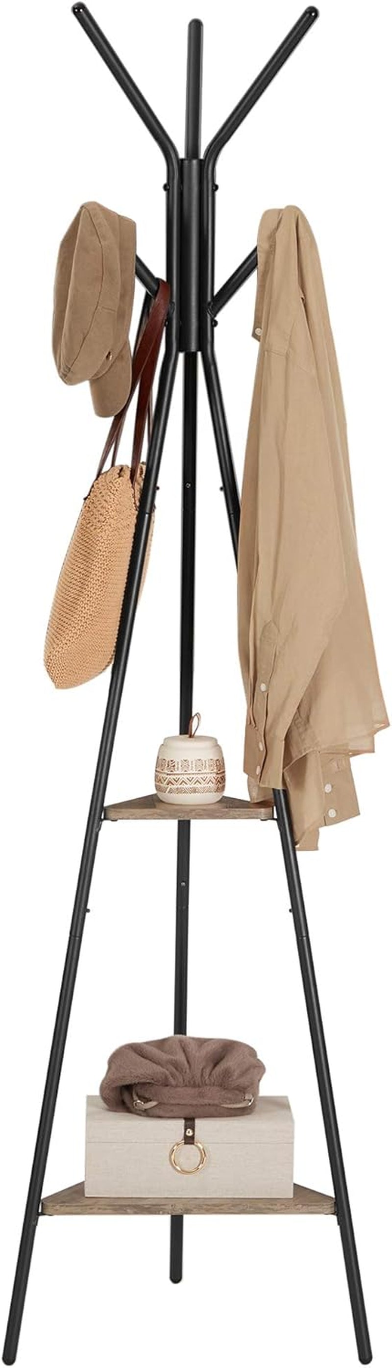 Coat Rack Freestanding, Coat Hanger Stand, Hall Tree with 2 Shelves, for Clothes, Hat, Bag, Industrial Style, Hazelnut Brown and Black URCR016B01