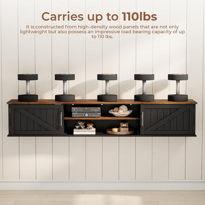 Floating TV Stand with Doors, 63'' Farmhouse Floating TV Shelf for Tvs up to 80 Inch, 2 Tier Wall Mounted TV Stand, Floating Entertainment Center, TV Floating Cabinet for Living Room, Bedroom, Black