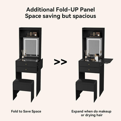 Small Vanity Desk Set with 3 Adjustable Lighted Mirror and Storage Chair Mini Black Makeup Vanities Set for Bedroom Compact Make up Dressing Table with Fold-Up Panel for Tiny Space