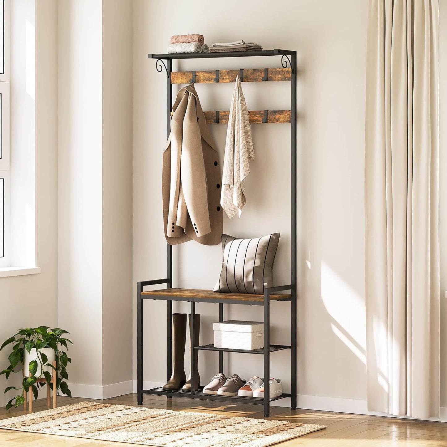 Coat Rack Shoe Bench, 4-In-1 Hall Tree with Storage Shelves and Hanging Rod, Entryway Storage Organizer with 8 Movable Hooks, for Entryway, Hallway, Corridor, Rustic Brown and Black MT12BR