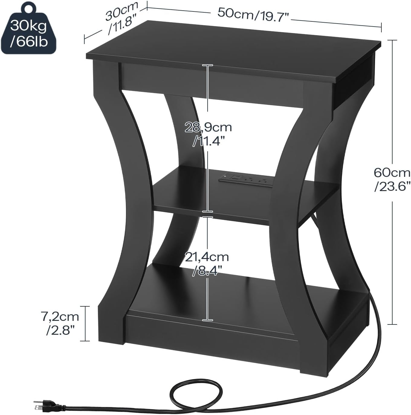 Black End Table with Charging Station, Skinny Side Table with USB Ports and Outlets, Nightstand, 3 Tier Bedside Table with Storage Shelf for Living Room, Bedroom, Small Space ETBK53E01